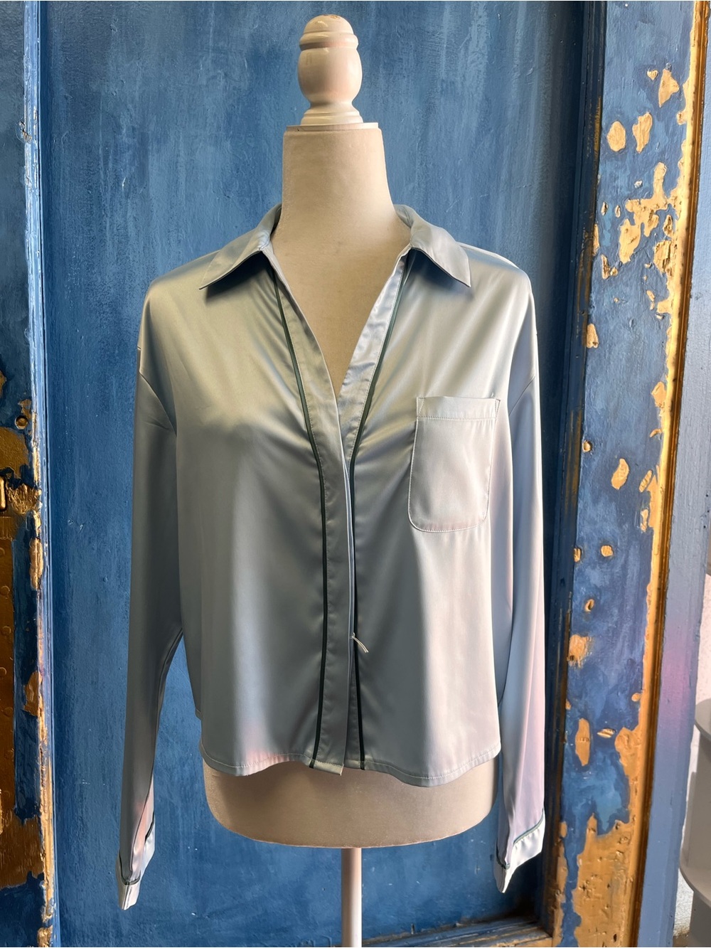 Light Blue Satin-Look Women's Pajama Top with Chest Pocket